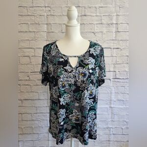 White and Blue Floral Blouse with Rounded Neckline